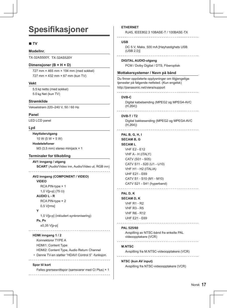 Spesifikasjoner | Panasonic TX32AS500Y User Manual | Page 117 / 140