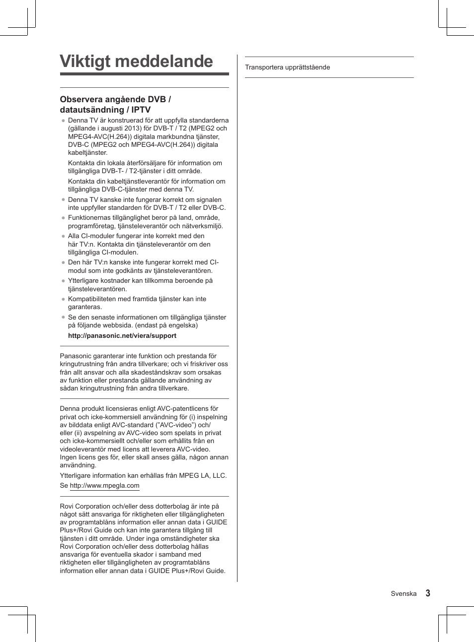 Viktigt meddelande | Panasonic TX32AS500Y User Manual | Page 123 / 140