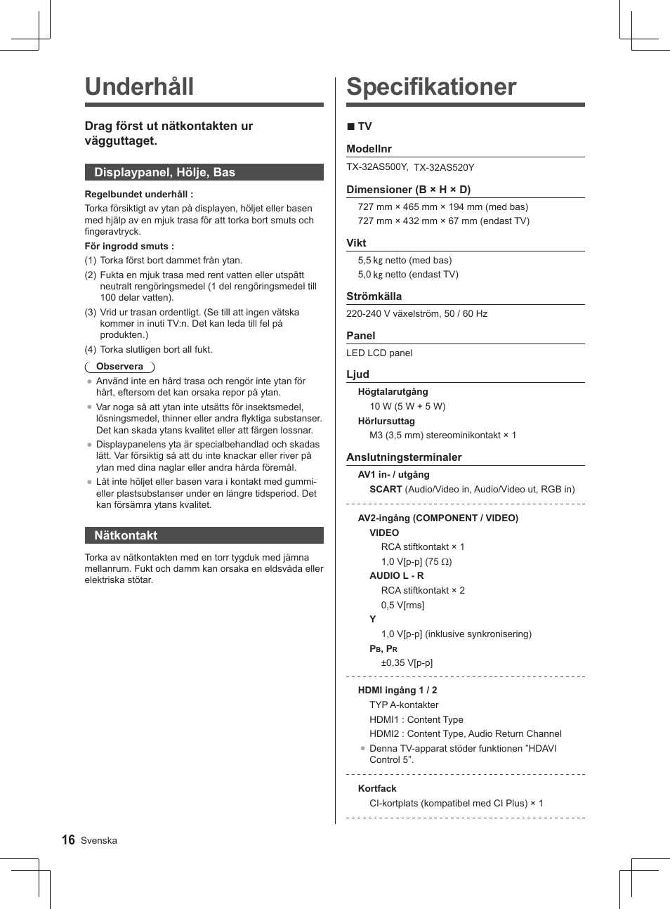 Specifikationer, Underhåll | Panasonic TX32AS500Y User Manual | Page 136 / 140