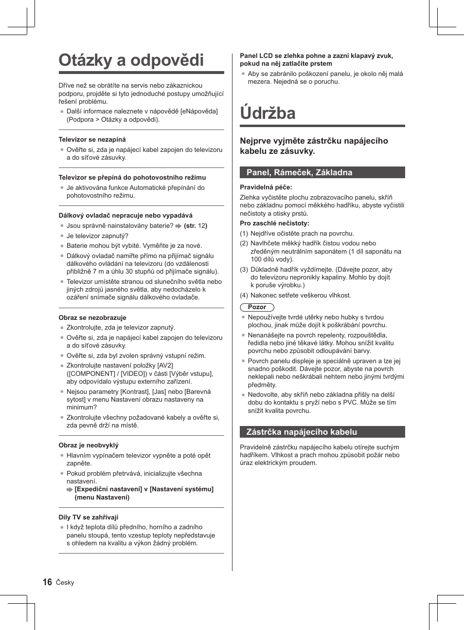 Otázky a odpovědi, Údržba | Panasonic TX32AS500Y User Manual | Page 16 / 140