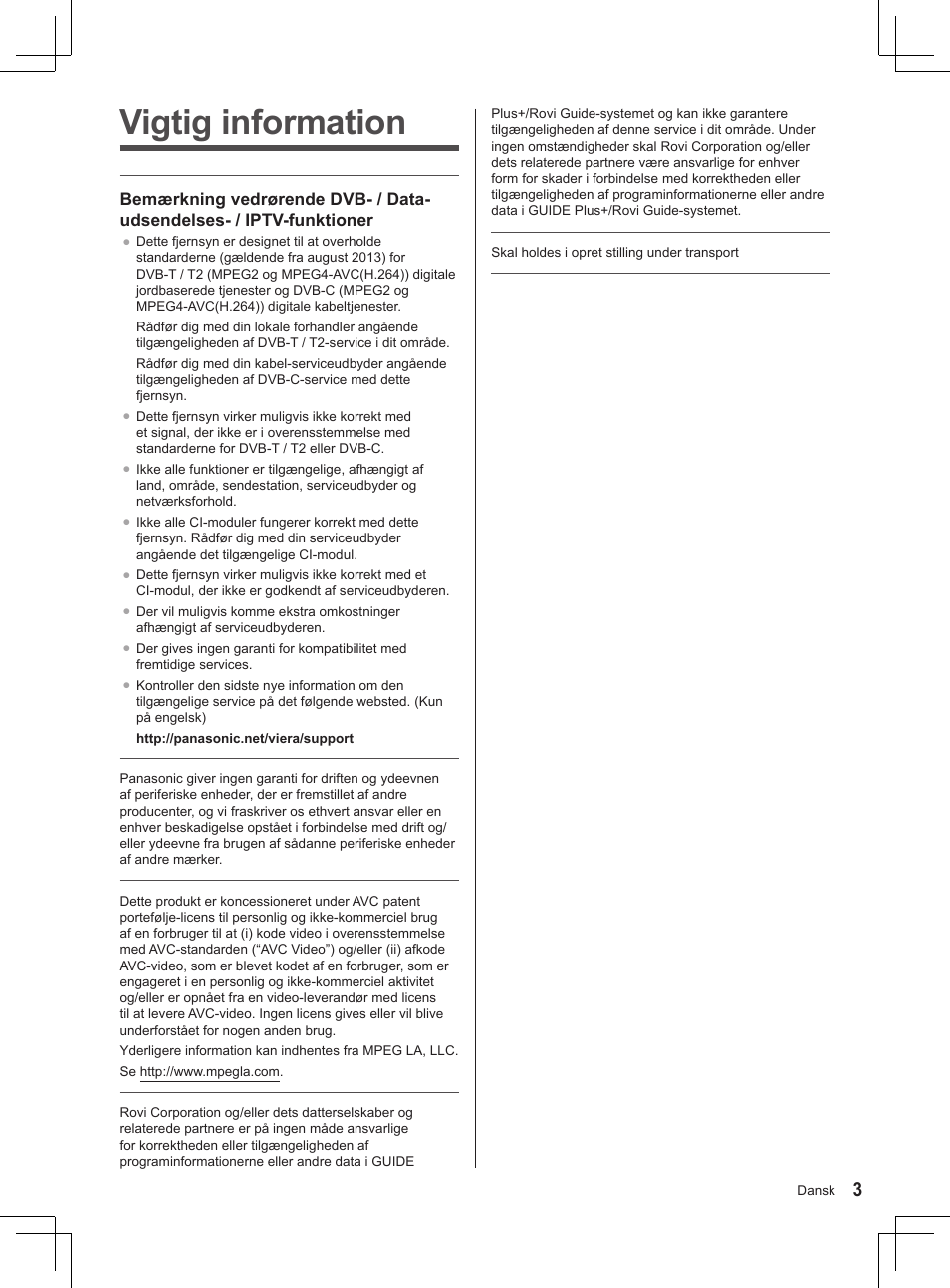 Vigtig information | Panasonic TX32AS500Y User Manual | Page 23 / 140