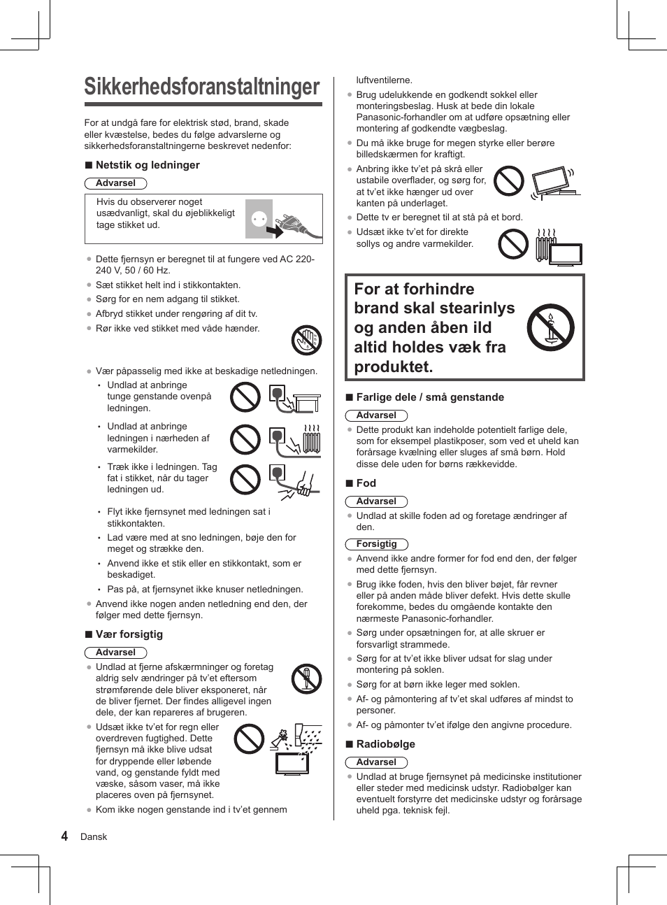 Sikkerhedsforanstaltninger | Panasonic TX32AS500Y User Manual | Page 24 / 140