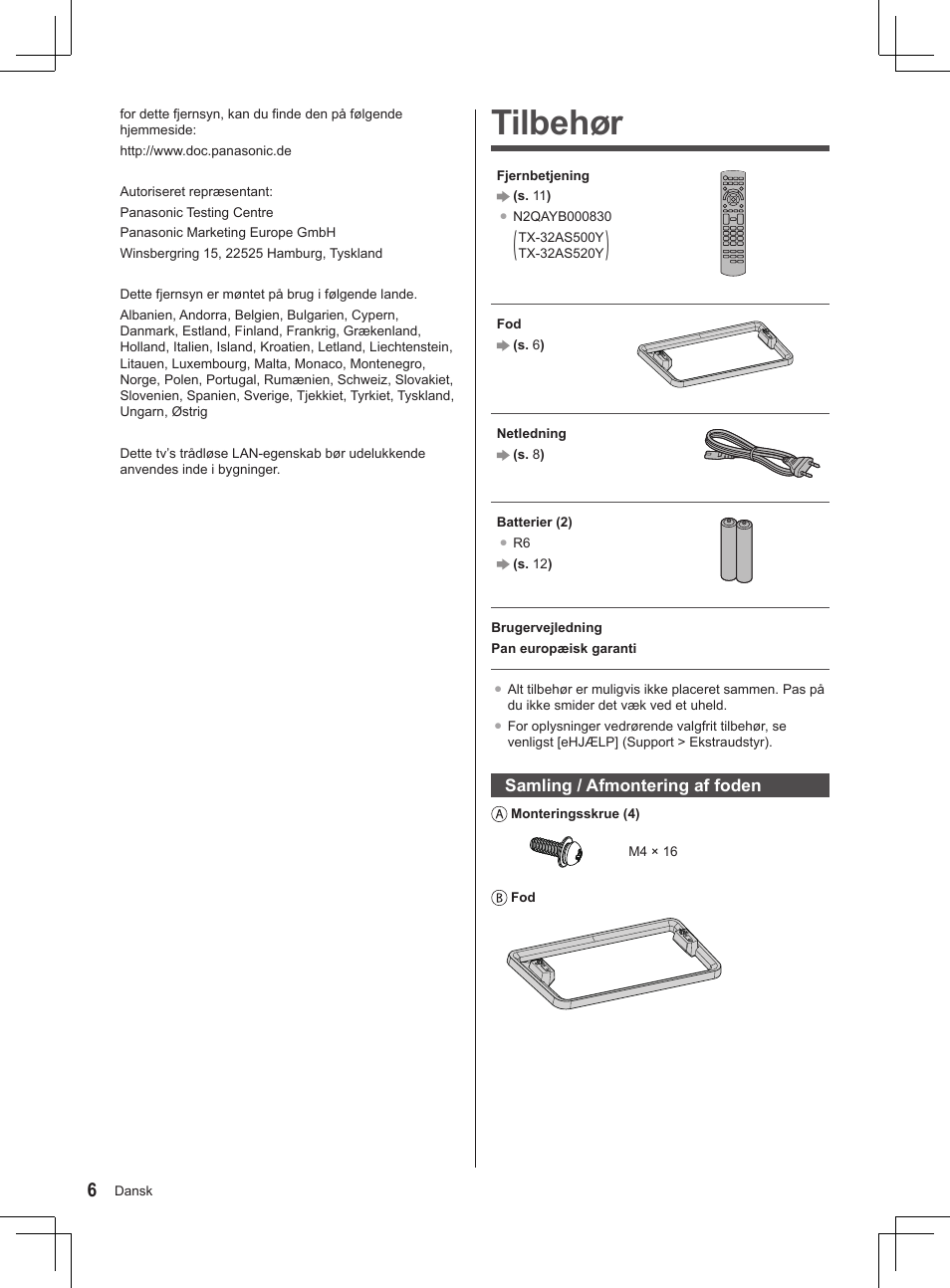 Tilbehør | Panasonic TX32AS500Y User Manual | Page 26 / 140