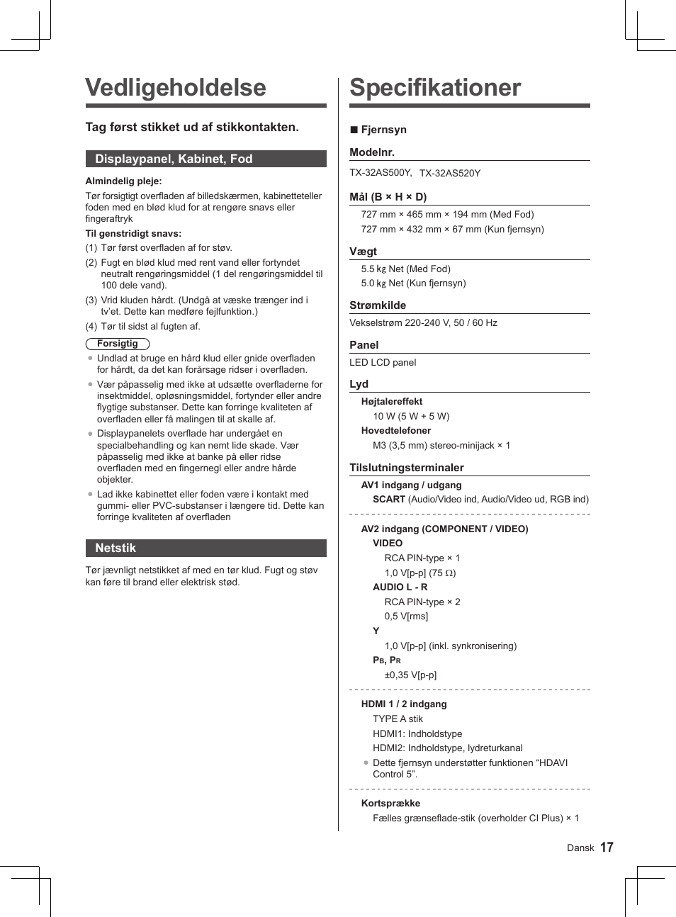Specifikationer, Vedligeholdelse | Panasonic TX32AS500Y User Manual | Page 37 / 140