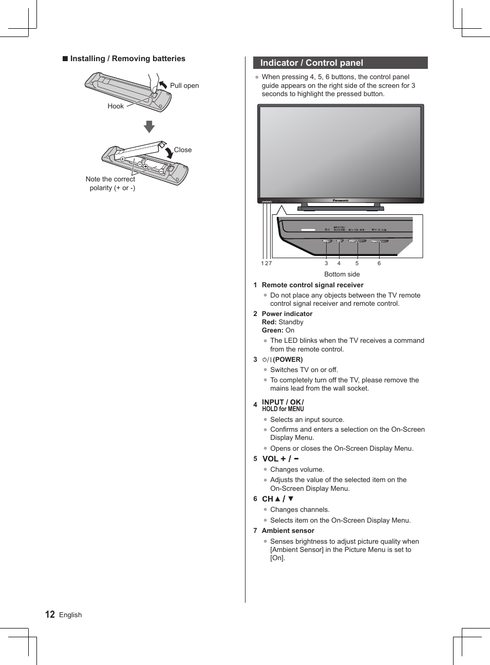 Indicator / control panel | Panasonic TX32AS500Y User Manual | Page 52 / 140