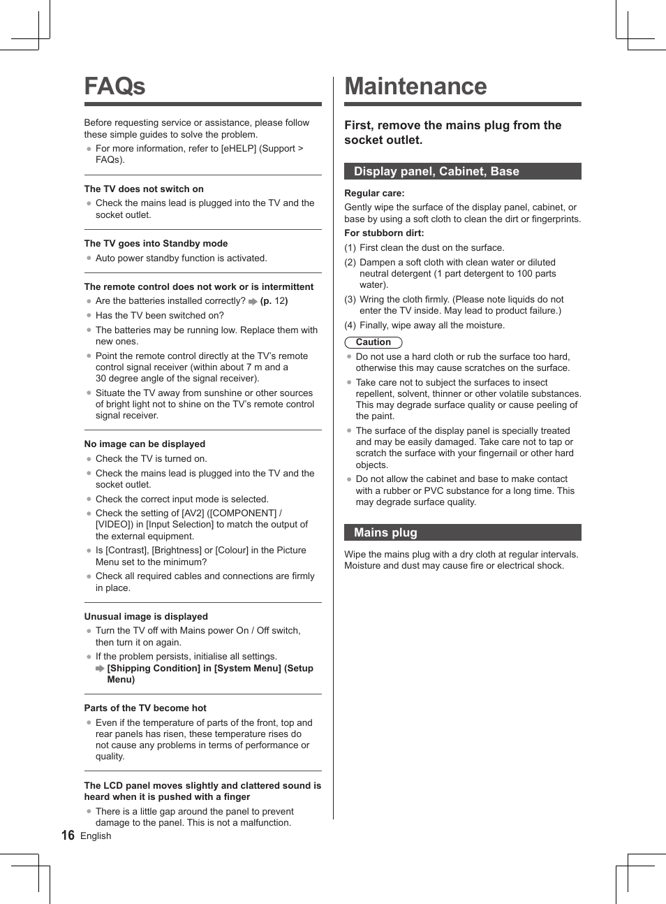 Maintenance, Faqs | Panasonic TX32AS500Y User Manual | Page 56 / 140