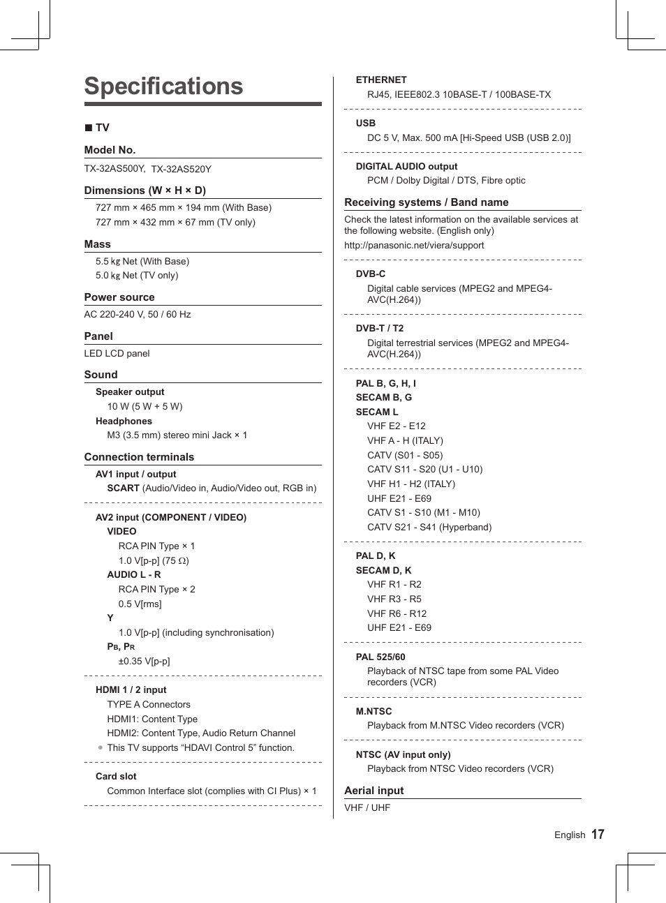 Specifications | Panasonic TX32AS500Y User Manual | Page 57 / 140