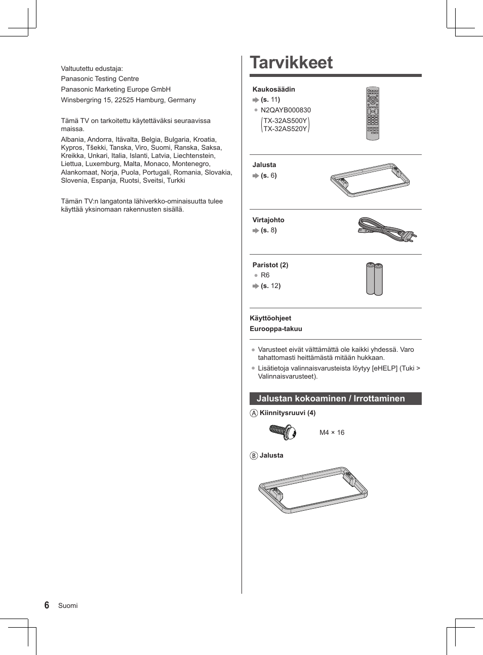 Tarvikkeet | Panasonic TX32AS500Y User Manual | Page 66 / 140