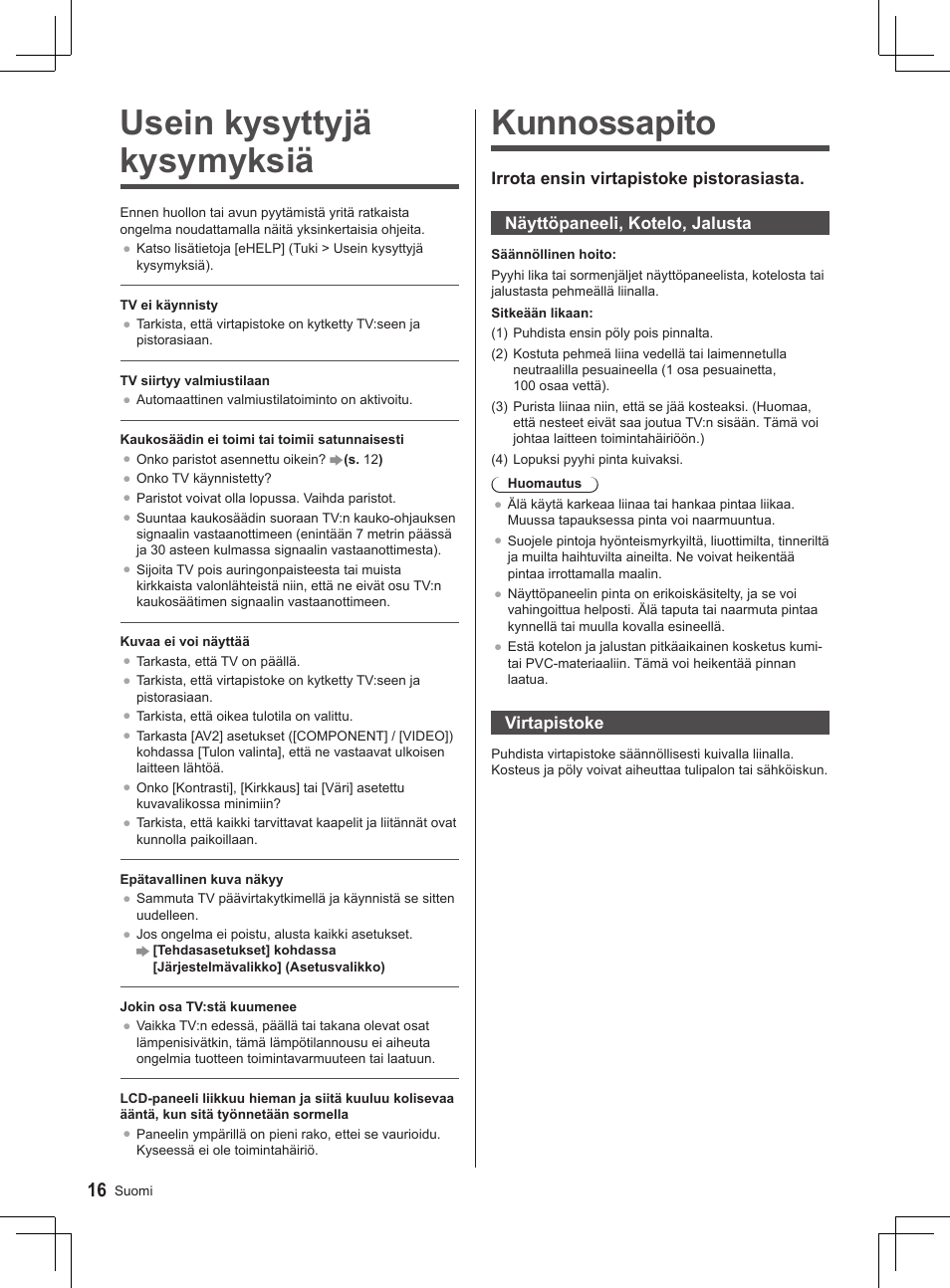 Kunnossapito, Usein kysyttyjä kysymyksiä | Panasonic TX32AS500Y User Manual | Page 76 / 140