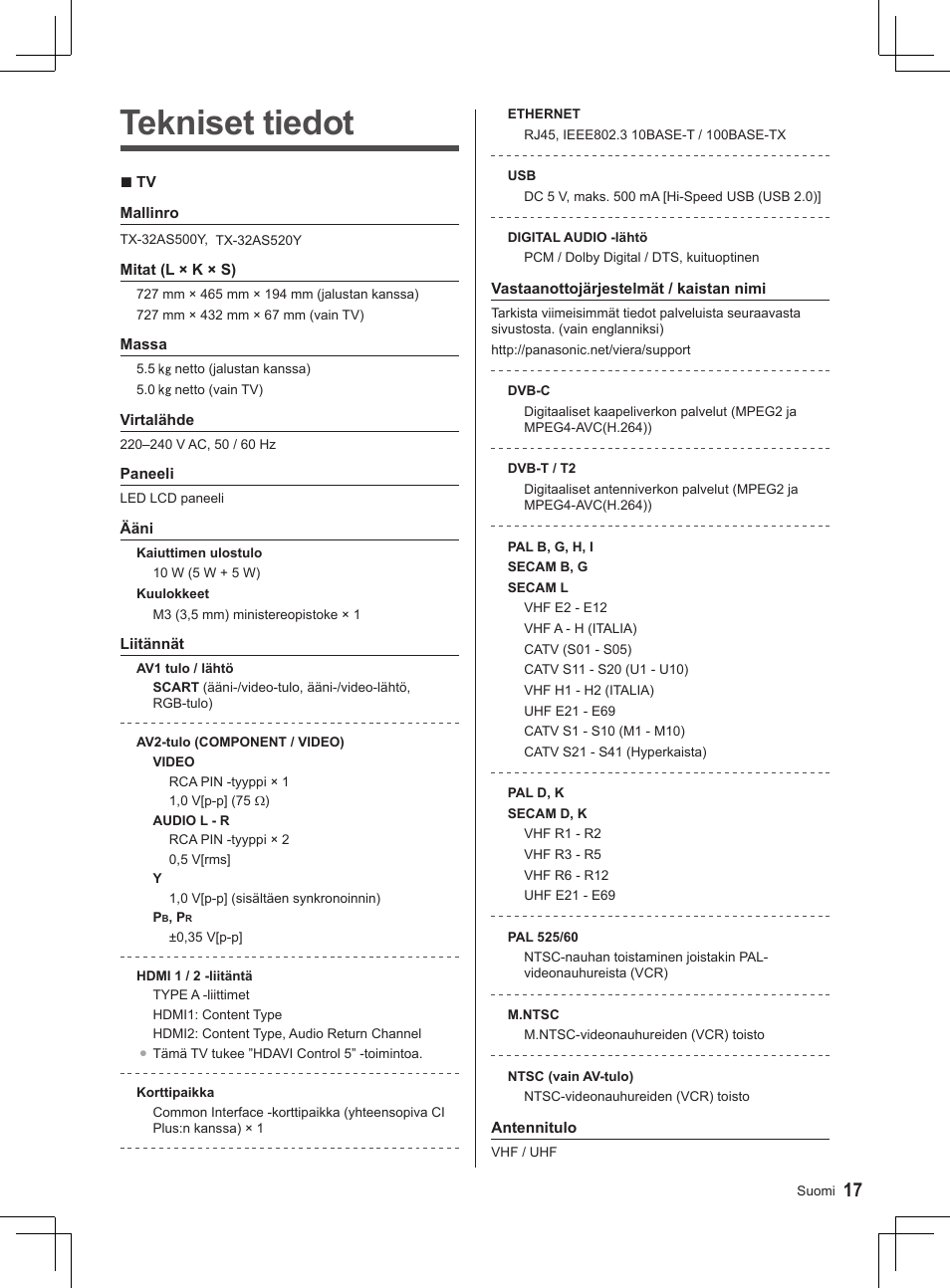 Tekniset tiedot | Panasonic TX32AS500Y User Manual | Page 77 / 140
