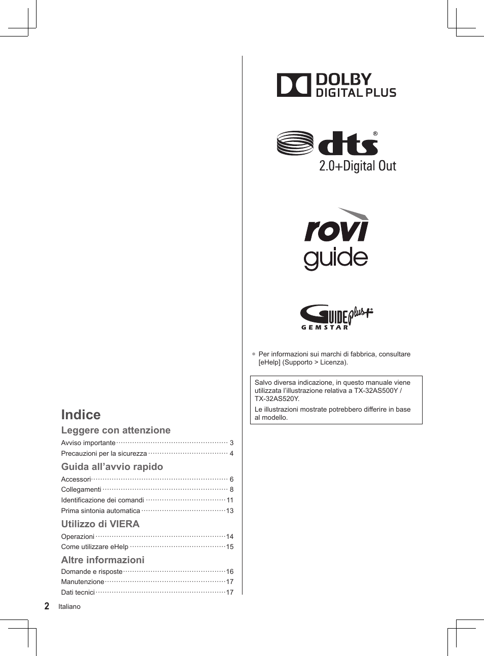 Indice, Leggere con attenzione, Guida all’avvio rapido | Utilizzo di viera, Altre informazioni | Panasonic TX32AS500Y User Manual | Page 82 / 140