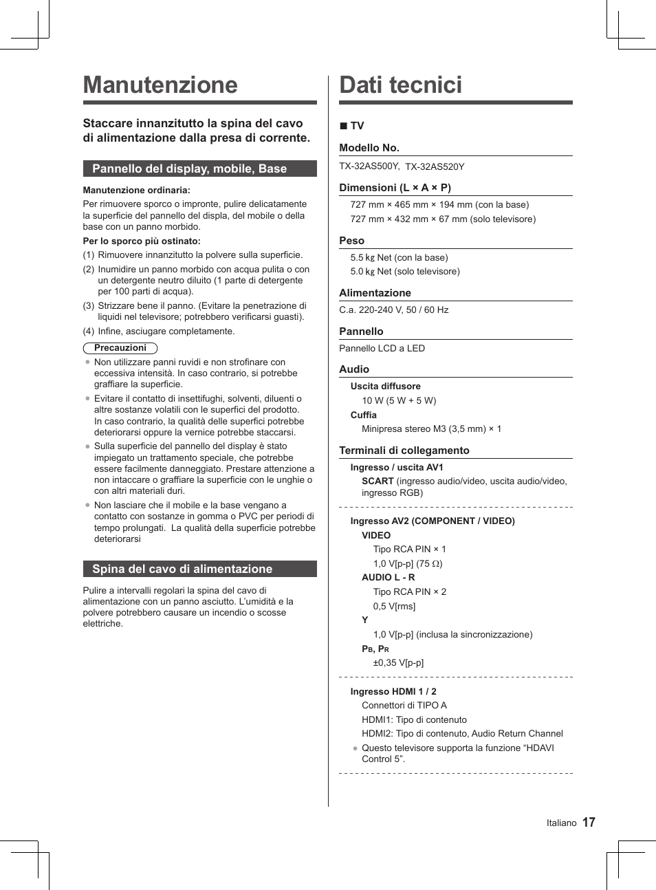 Dati tecnici, Manutenzione | Panasonic TX32AS500Y User Manual | Page 97 / 140