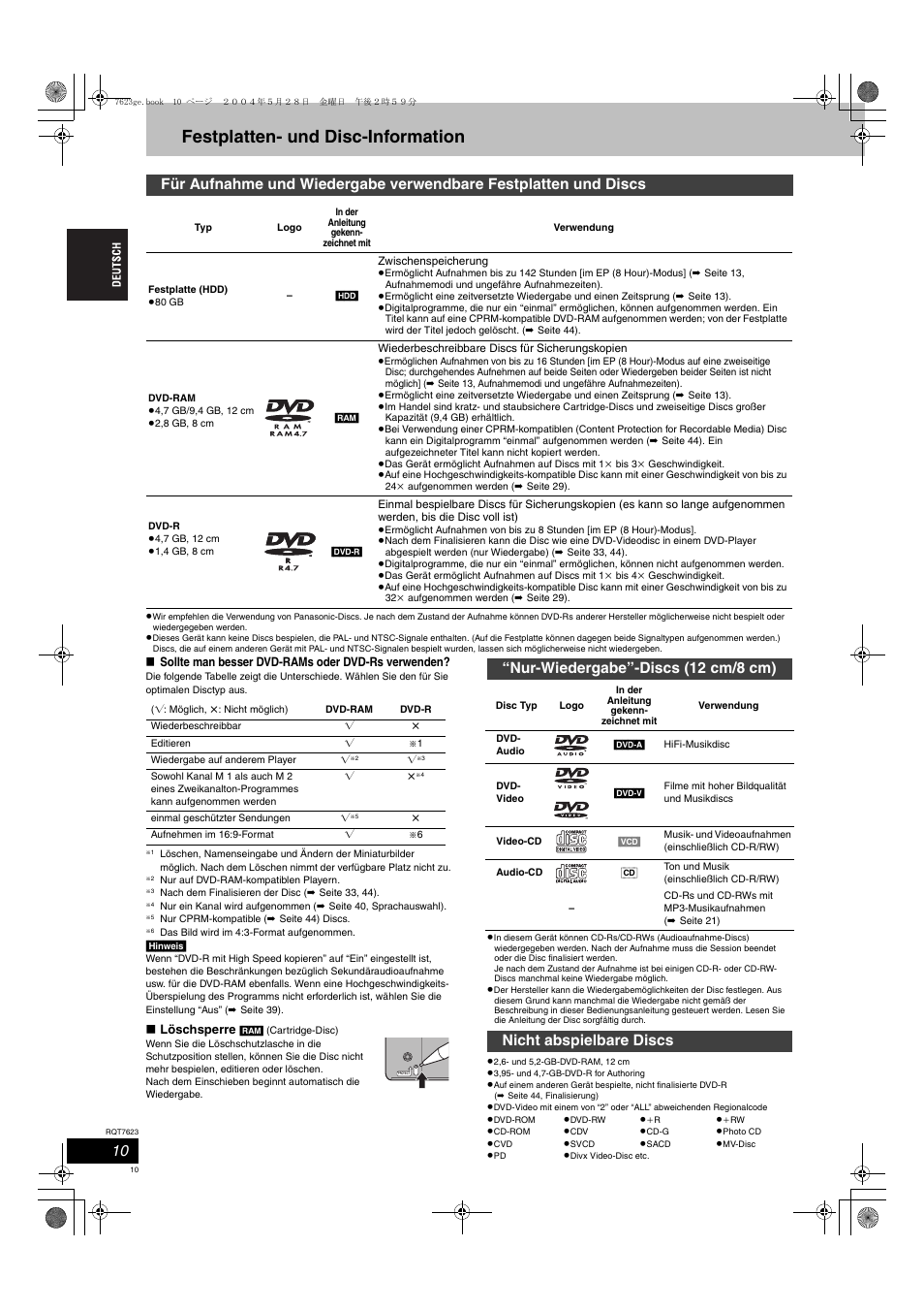 Festplatten- und disc-information, Nur-wiedergabe”-discs (12 cm/8 cm), Nicht abspielbare discs | Panasonic SCHT1500 User Manual | Page 10 / 164