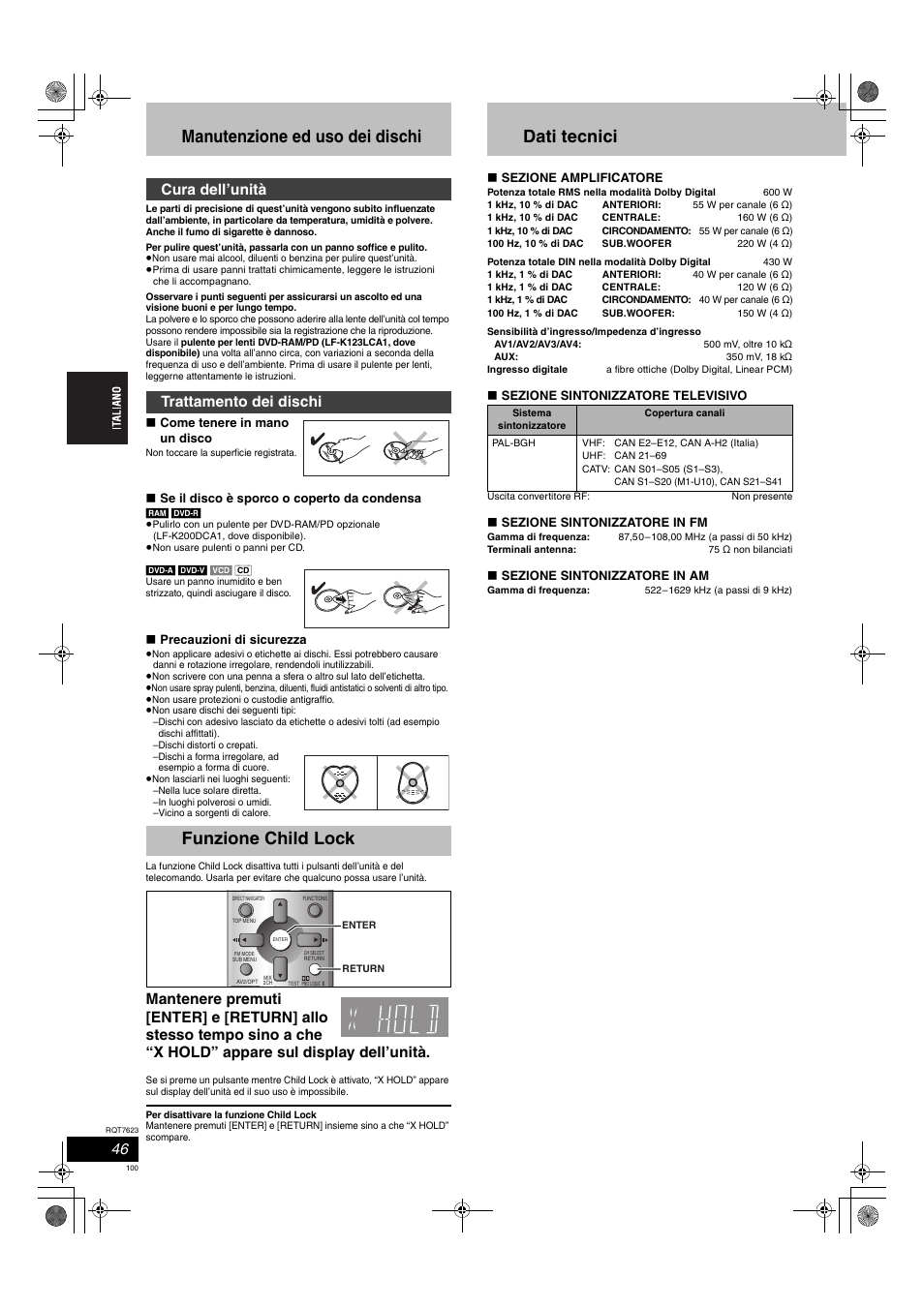 Manutenzione ed uso dei dischi, Funzione child lock, Dati tecnici | Cura dell’unità trattamento dei dischi | Panasonic SCHT1500 User Manual | Page 100 / 164