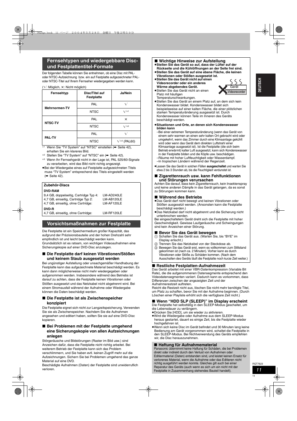 Vorsichtsmaßnahmen zur festplatte | Panasonic SCHT1500 User Manual | Page 11 / 164