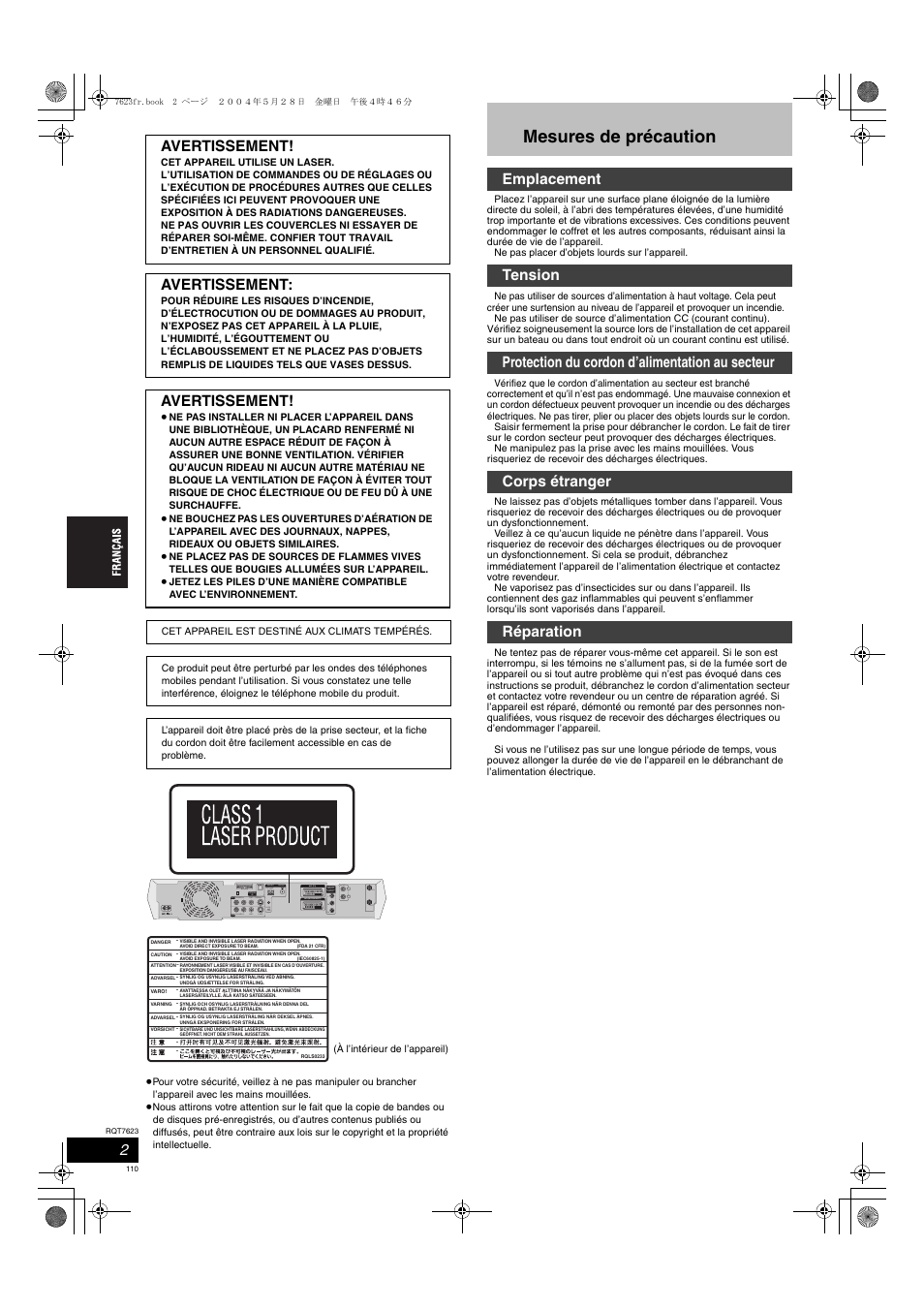 Mesures de précaution, Avertissement, R-audio-l | R-audio-l av4 in loop ant gnd loop ext | Panasonic SCHT1500 User Manual | Page 110 / 164