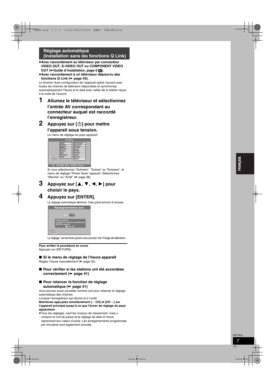 Appuyez sur [ 3 , 4 , 2 , 1 ] pour choisir le pays, Appuyez sur [enter | Panasonic SCHT1500 User Manual | Page 115 / 164