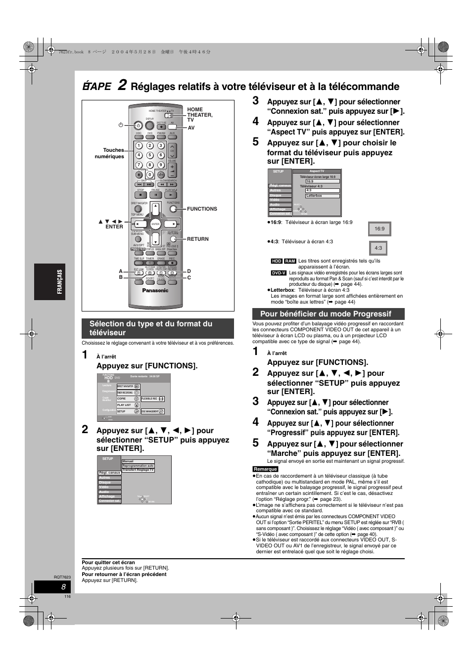 Étape, Appuyez sur [functions, Sélection du type et du format du téléviseur | Pour bénéficier du mode progressif | Panasonic SCHT1500 User Manual | Page 116 / 164