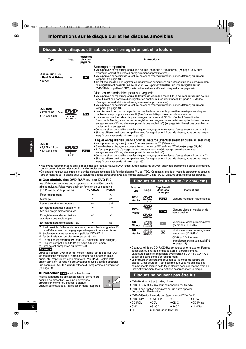 Disques en lecture seule (12 cm/8 cm), Disques ne pouvant pas être lus | Panasonic SCHT1500 User Manual | Page 118 / 164