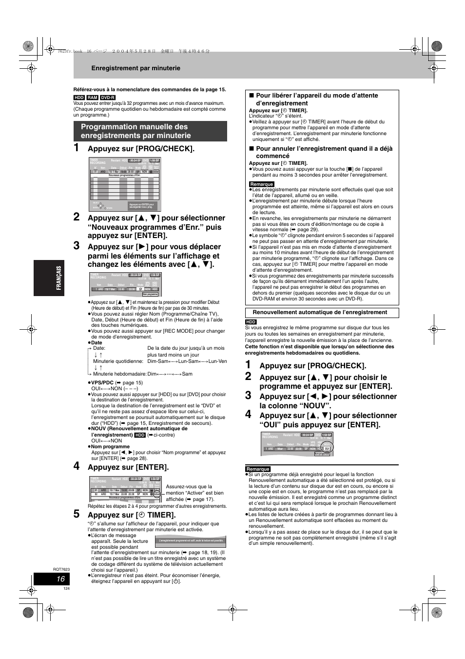 Appuyez sur [prog/check, Appuyez sur [enter, Appuyez sur [ f timer | Enregistrement par minuterie | Panasonic SCHT1500 User Manual | Page 124 / 164