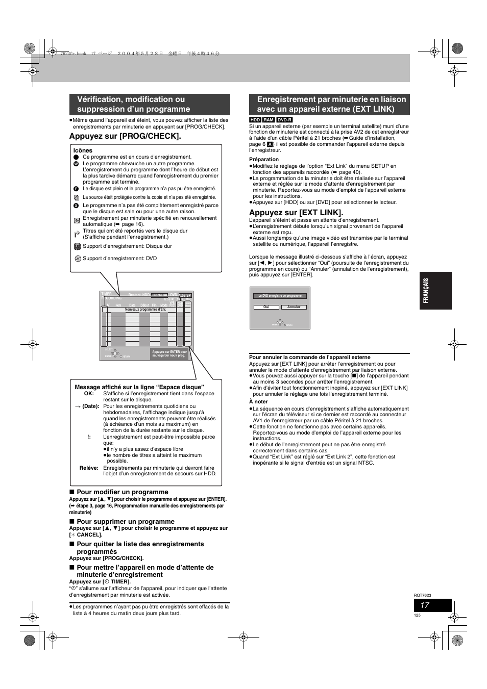 Appuyez sur [prog/check, Appuyez sur [ext link, Pour modifier un programme | Pour supprimer un programme | Panasonic SCHT1500 User Manual | Page 125 / 164