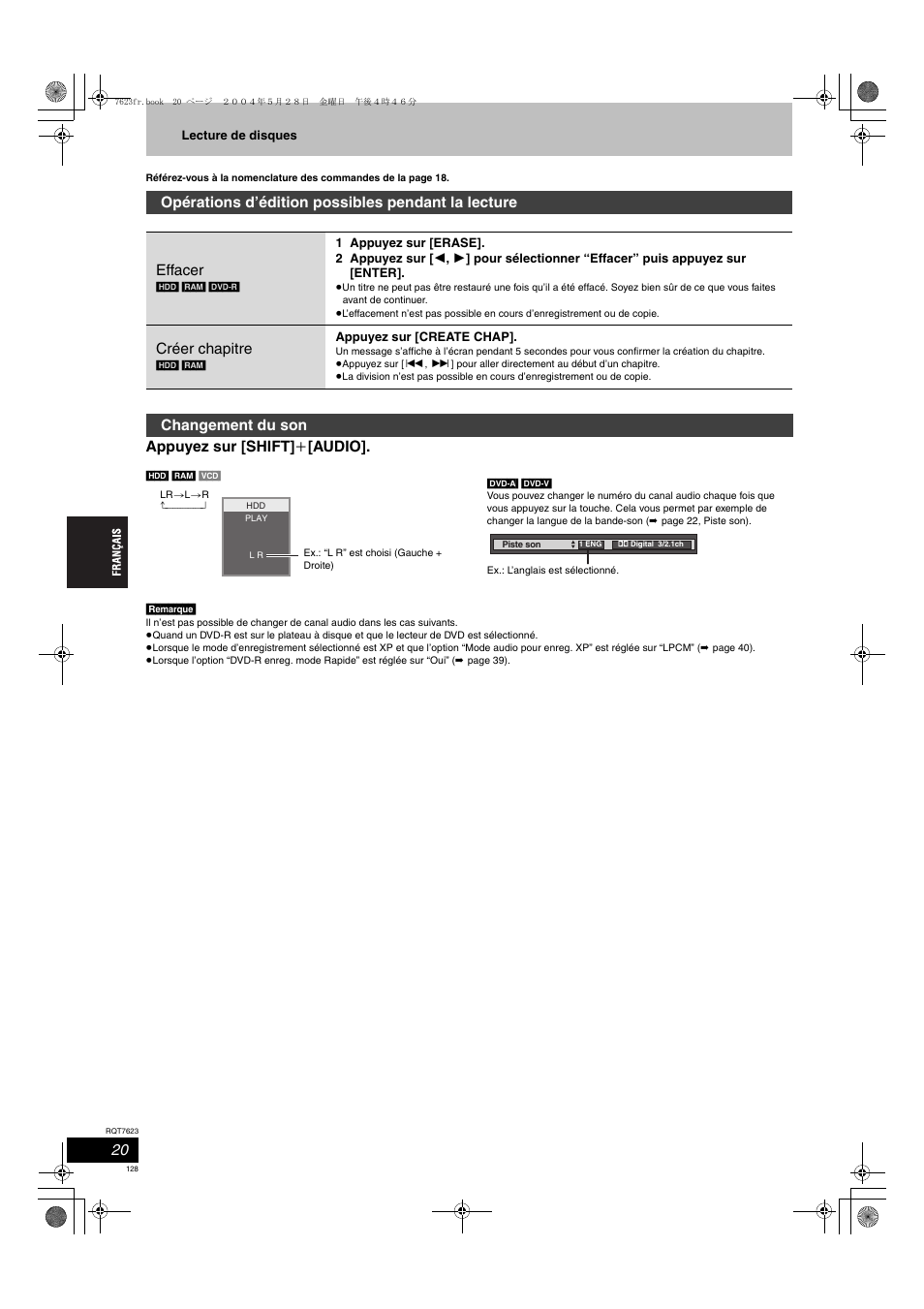 Appuyez sur [shift] i [audio, Créer chapitre, Changement du son | Panasonic SCHT1500 User Manual | Page 128 / 164