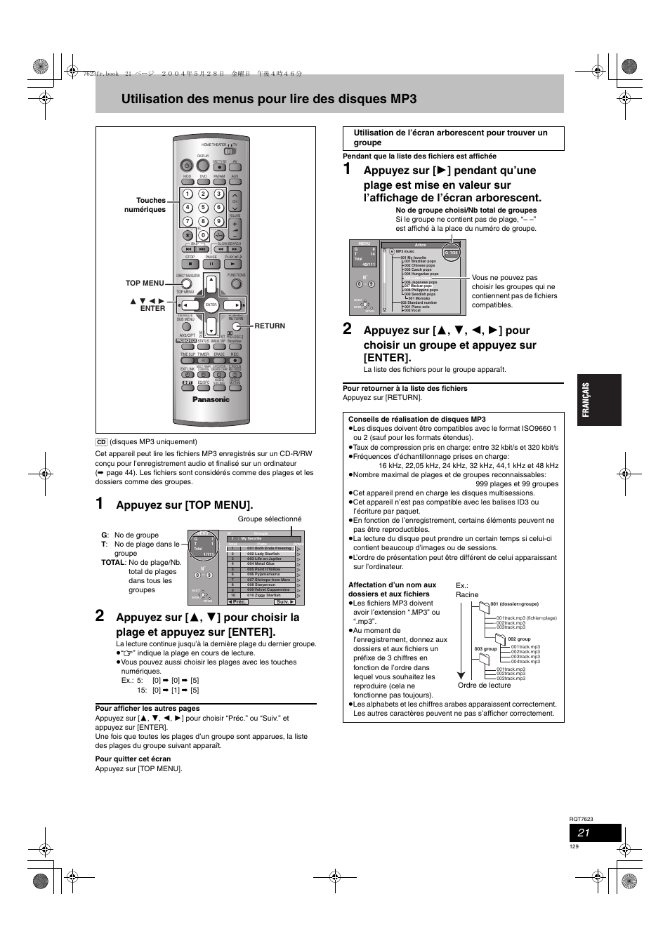 Utilisation des menus pour lire des disques mp3, Appuyez sur [top menu | Panasonic SCHT1500 User Manual | Page 129 / 164