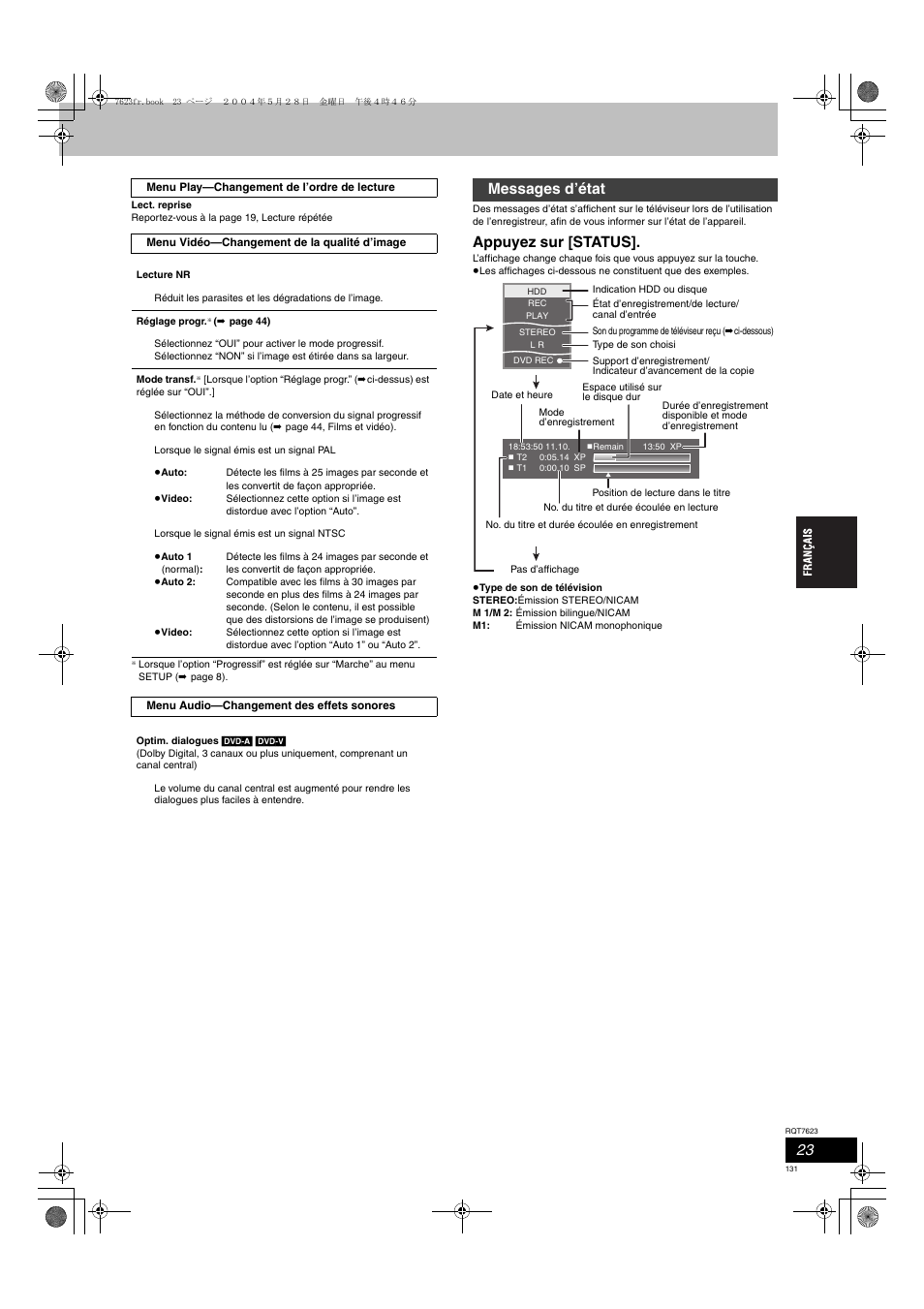 Appuyez sur [status, Messages d’état | Panasonic SCHT1500 User Manual | Page 131 / 164