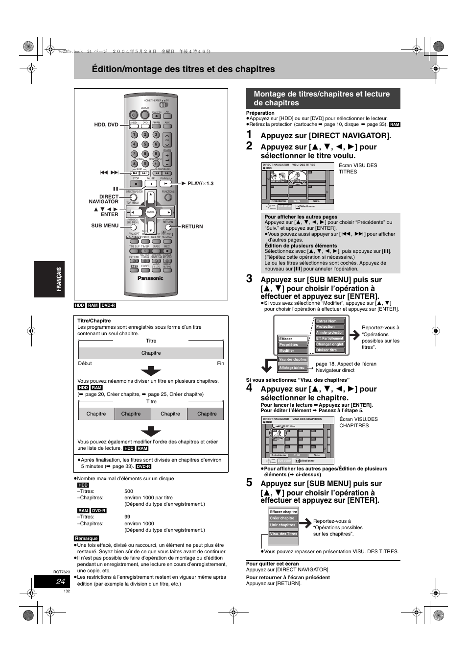 Édition/montage des titres et des chapitres, Appuyez sur [direct navigator | Panasonic SCHT1500 User Manual | Page 132 / 164