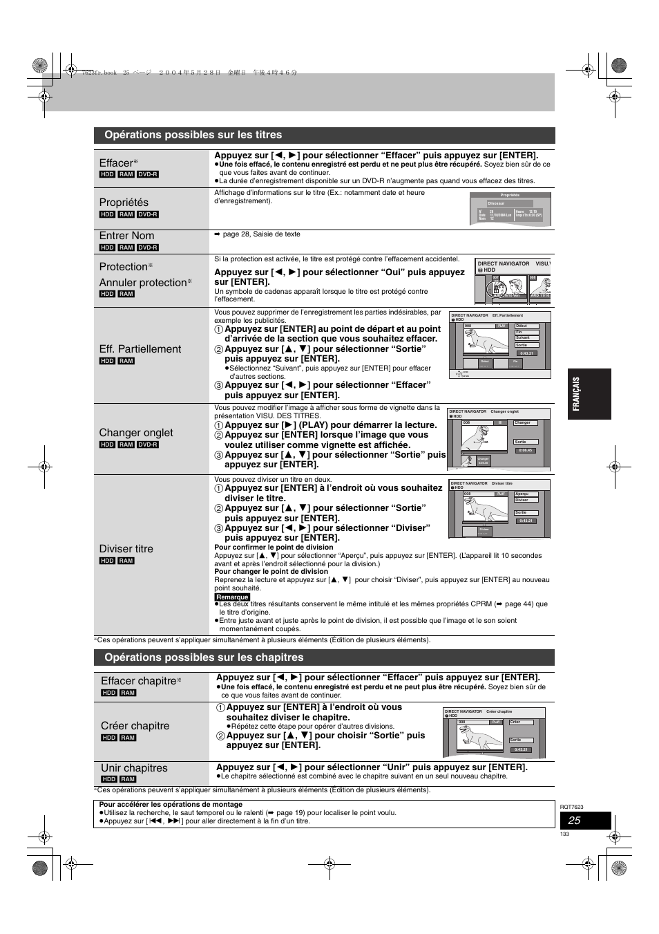 Opérations possibles sur les titres effacer, Propriétés, Entrer nom | Protection, Annuler protection, Eff. partiellement, Changer onglet, Diviser titre, Créer chapitre, Unir chapitres | Panasonic SCHT1500 User Manual | Page 133 / 164