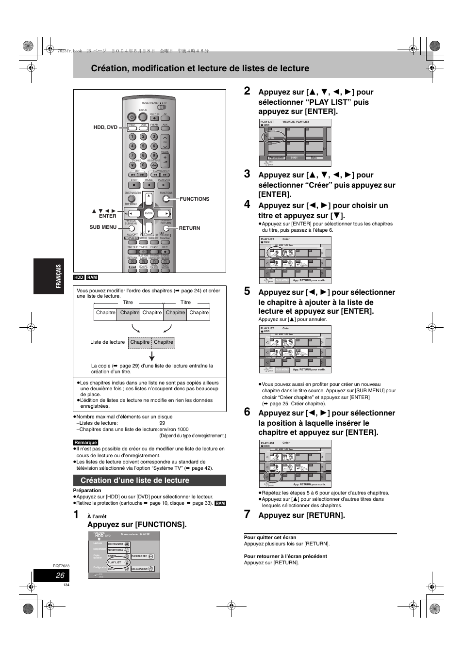 Appuyez sur [functions, Appuyez sur [return, Création d’une liste de lecture | Panasonic SCHT1500 User Manual | Page 134 / 164