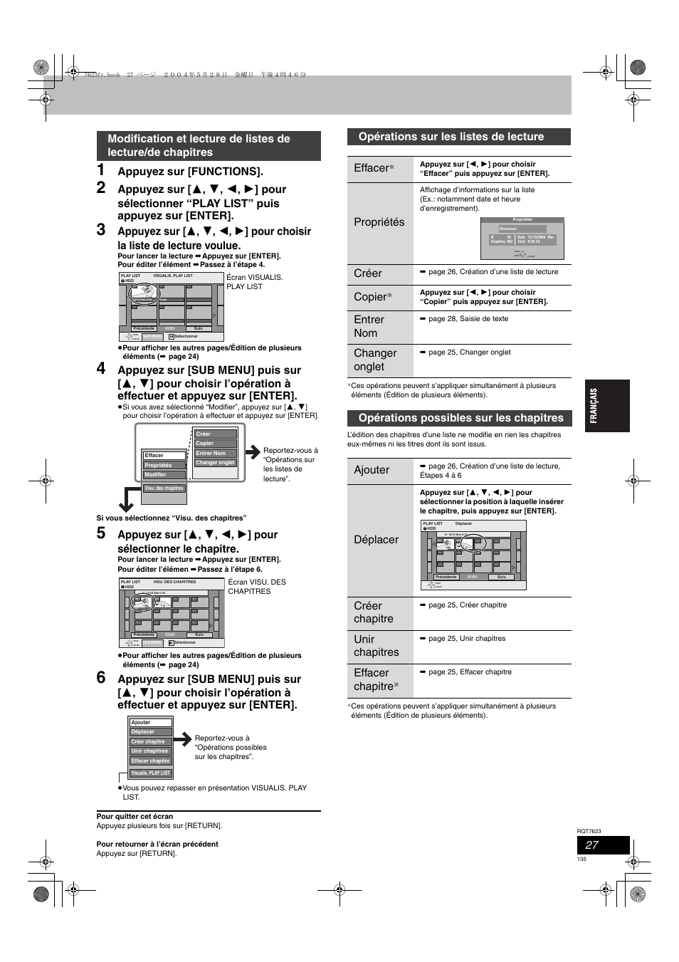 Appuyez sur [functions, Opérations sur les listes de lecture effacer, Propriétés | Créer, Copier, Entrer nom, Changer onglet, Opérations possibles sur les chapitres ajouter, Déplacer, Créer chapitre | Panasonic SCHT1500 User Manual | Page 135 / 164