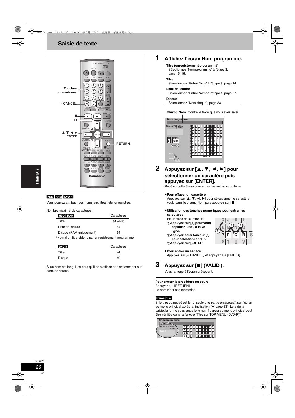 Saisie de texte, Affichez l’écran nom programme, Appuyez sur [ ∫ ] (valid.) | Panasonic SCHT1500 User Manual | Page 136 / 164