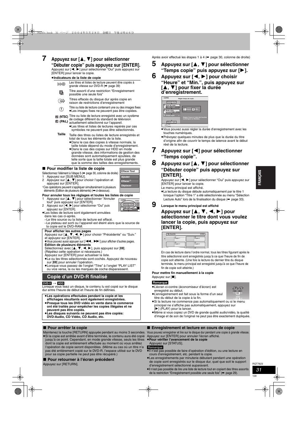 Appuyez sur [ 2 ] pour sélectionner “temps copie, Copie d’un dvd-r finalisé | Panasonic SCHT1500 User Manual | Page 139 / 164