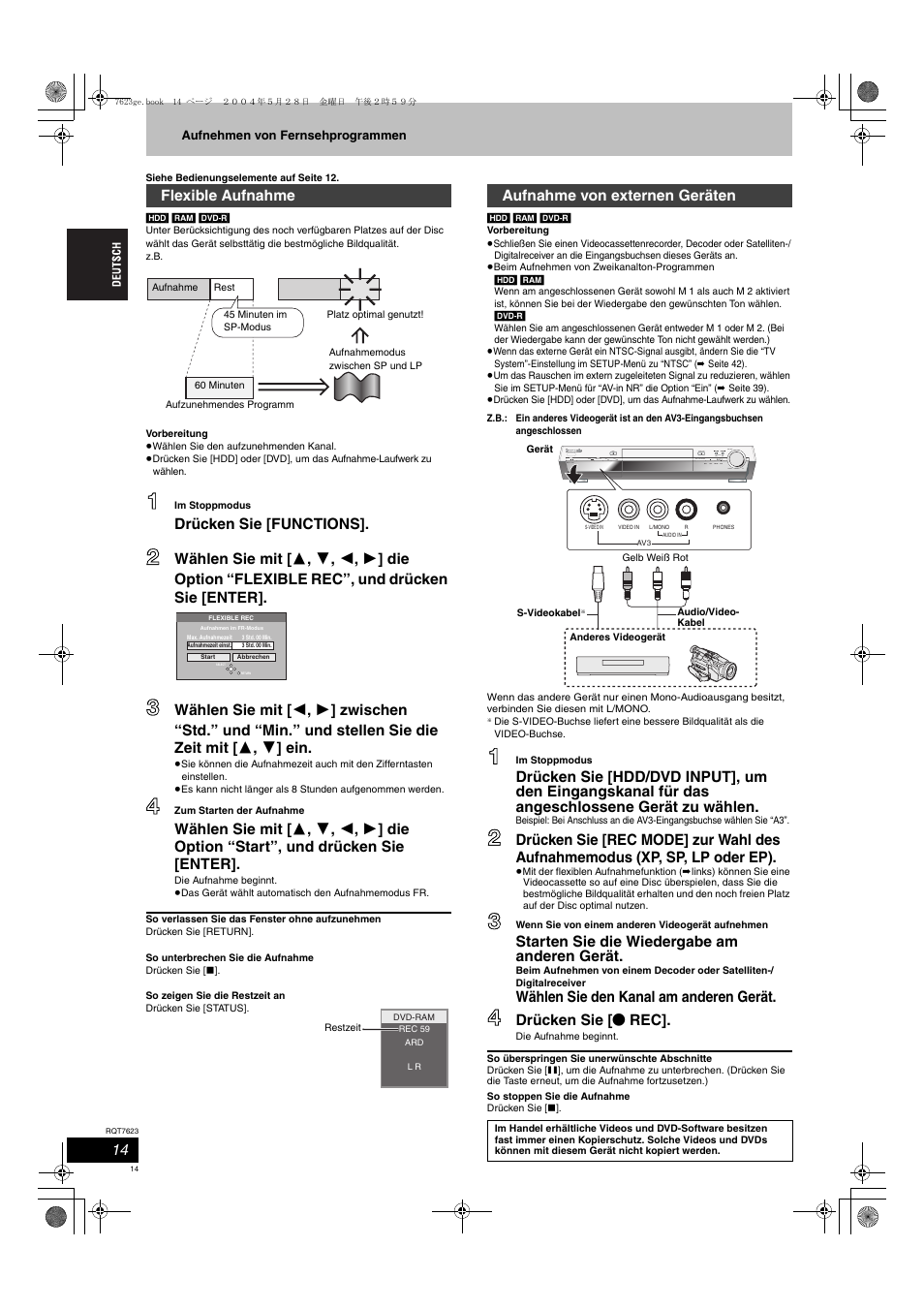 Drücken sie [functions, Starten sie die wiedergabe am anderen gerät, Wählen sie den kanal am anderen gerät | Drücken sie [ ¥ rec, Flexible aufnahme, Aufnahme von externen geräten | Panasonic SCHT1500 User Manual | Page 14 / 164