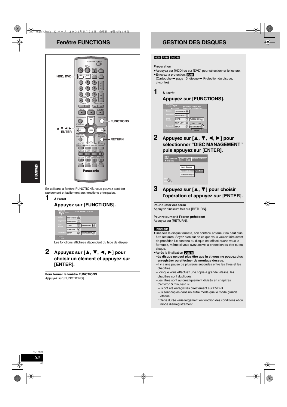 Fenêtre functions, Gestion des disques, Appuyez sur [functions | Panasonic SCHT1500 User Manual | Page 140 / 164