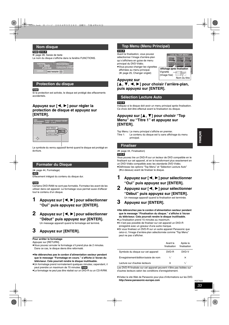 Appuyez sur [enter, Nom disque protection du disque formater du disque | Panasonic SCHT1500 User Manual | Page 141 / 164