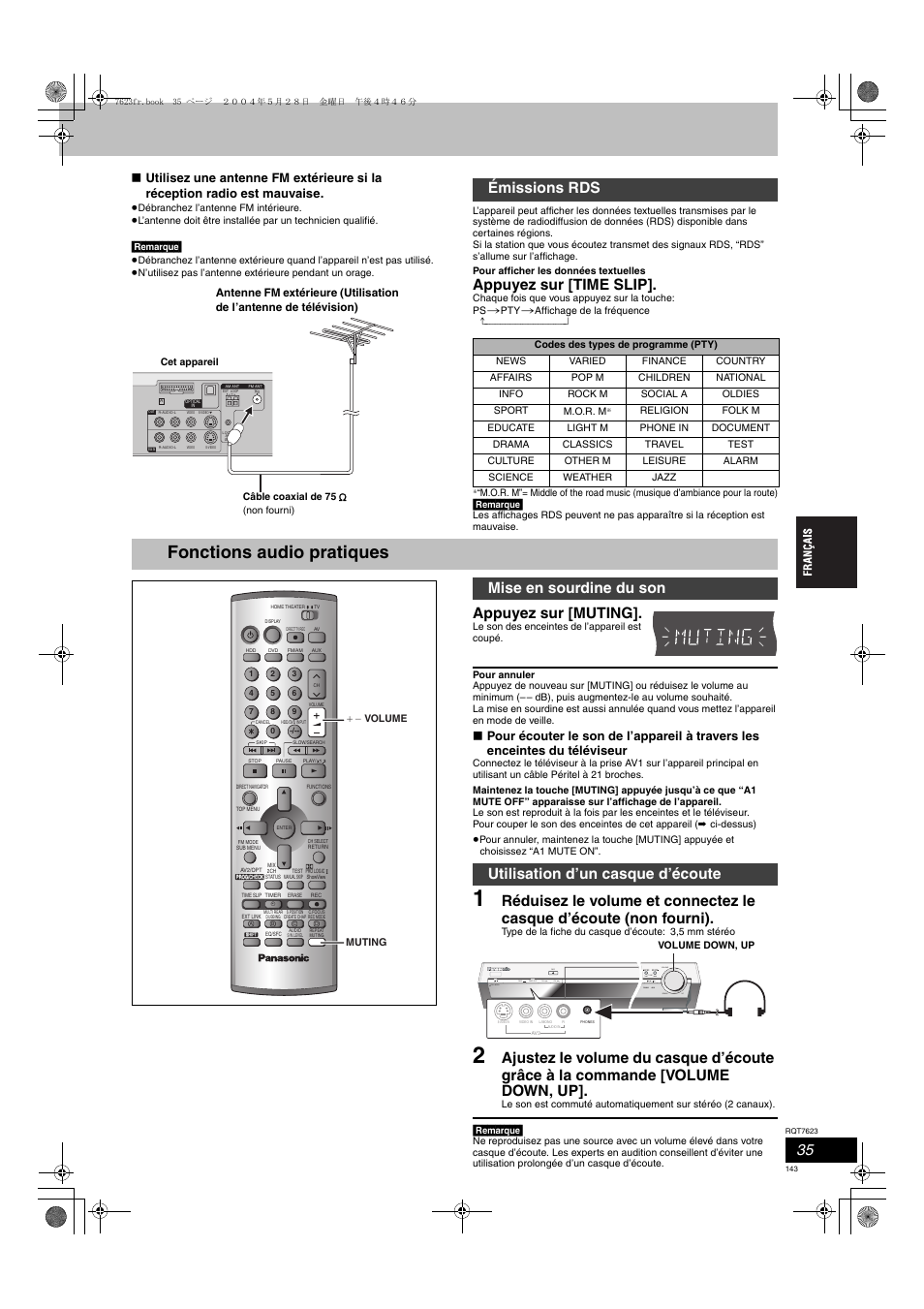 Fonctions audio pratiques, Appuyez sur [time slip, Appuyez sur [muting | Émissions rds | Panasonic SCHT1500 User Manual | Page 143 / 164