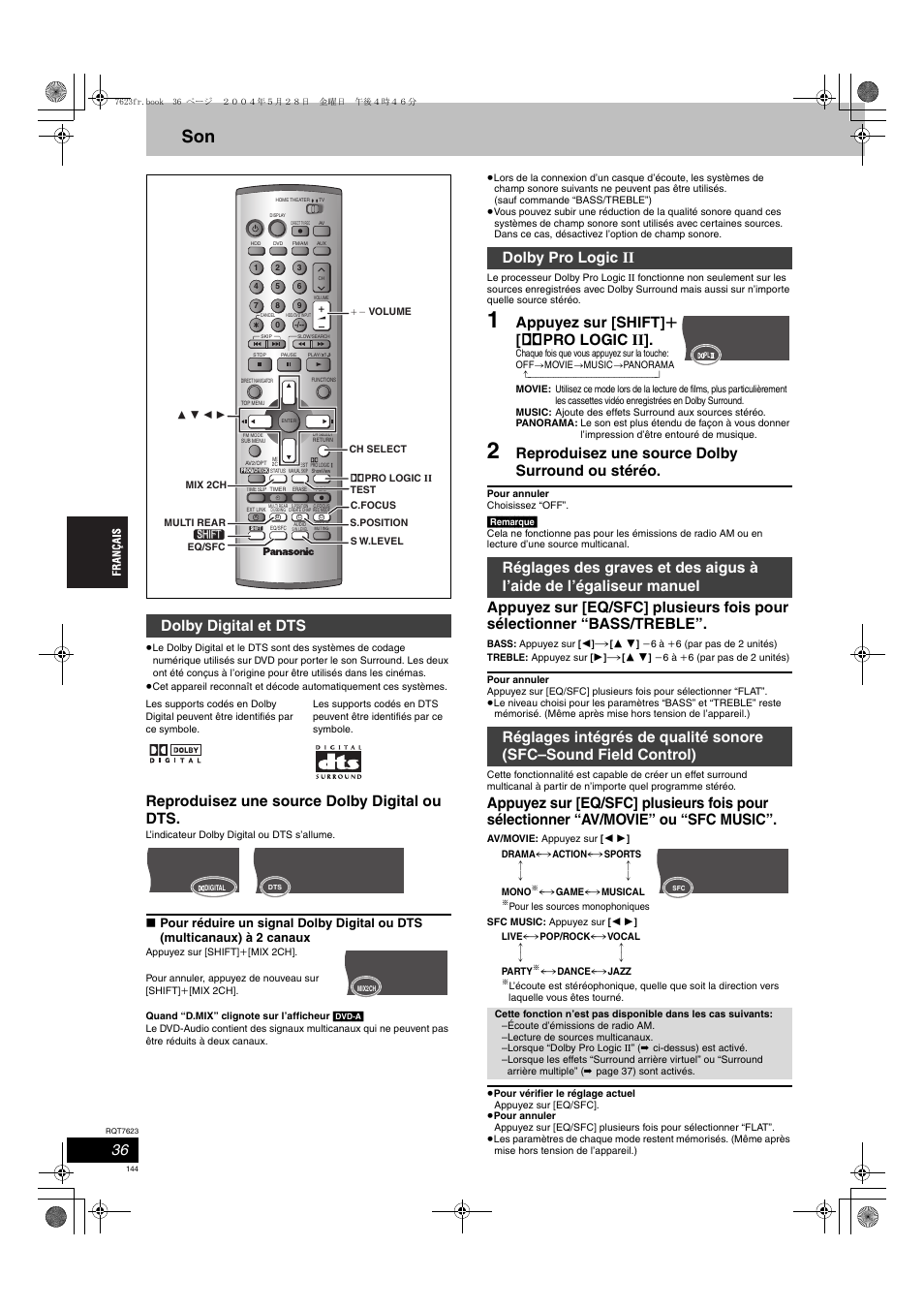 Reproduisez une source dolby digital ou dts, Appuyez sur [shift] r [ î pro logic ii, Reproduisez une source dolby surround ou stéréo | Dolby digital et dts | Panasonic SCHT1500 User Manual | Page 144 / 164