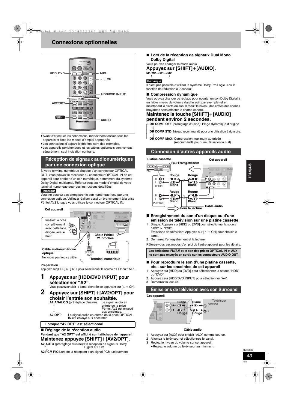 Connexions optionnelles, Appuyez sur [hdd/dvd input] pour sélectionner “a2, Maintenez appuyée [shift] r [av2/opt | Appuyez sur [shift] i [audio, Connexion d’autres appareils audio, Émissions de télévision avec son surround, Réglage de la réception audio, Compression dynamique | Panasonic SCHT1500 User Manual | Page 151 / 164