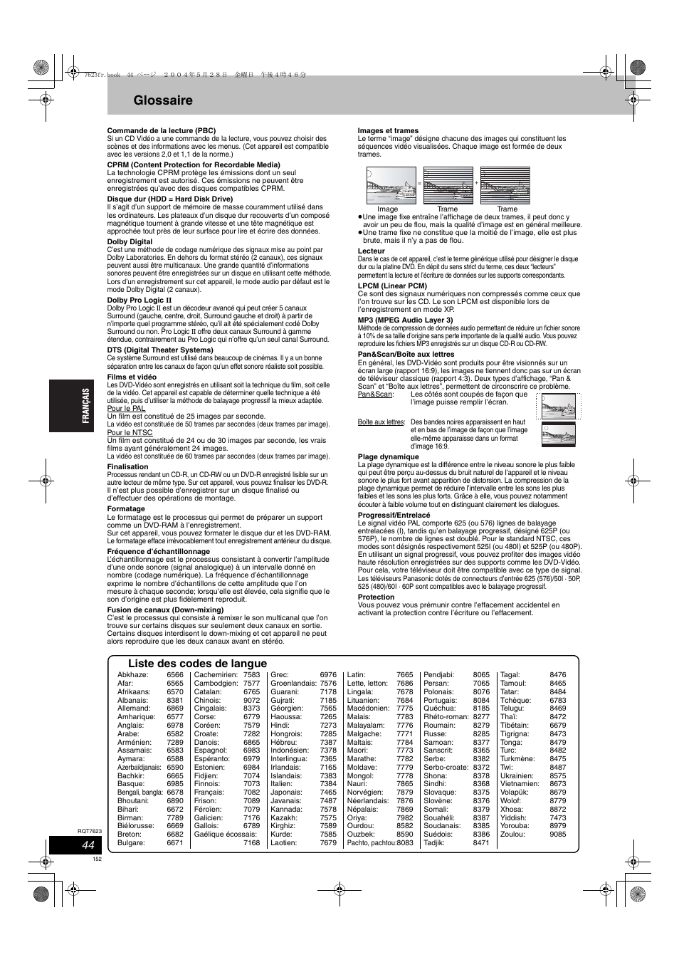 Glossaire, Liste des codes de langue | Panasonic SCHT1500 User Manual | Page 152 / 164