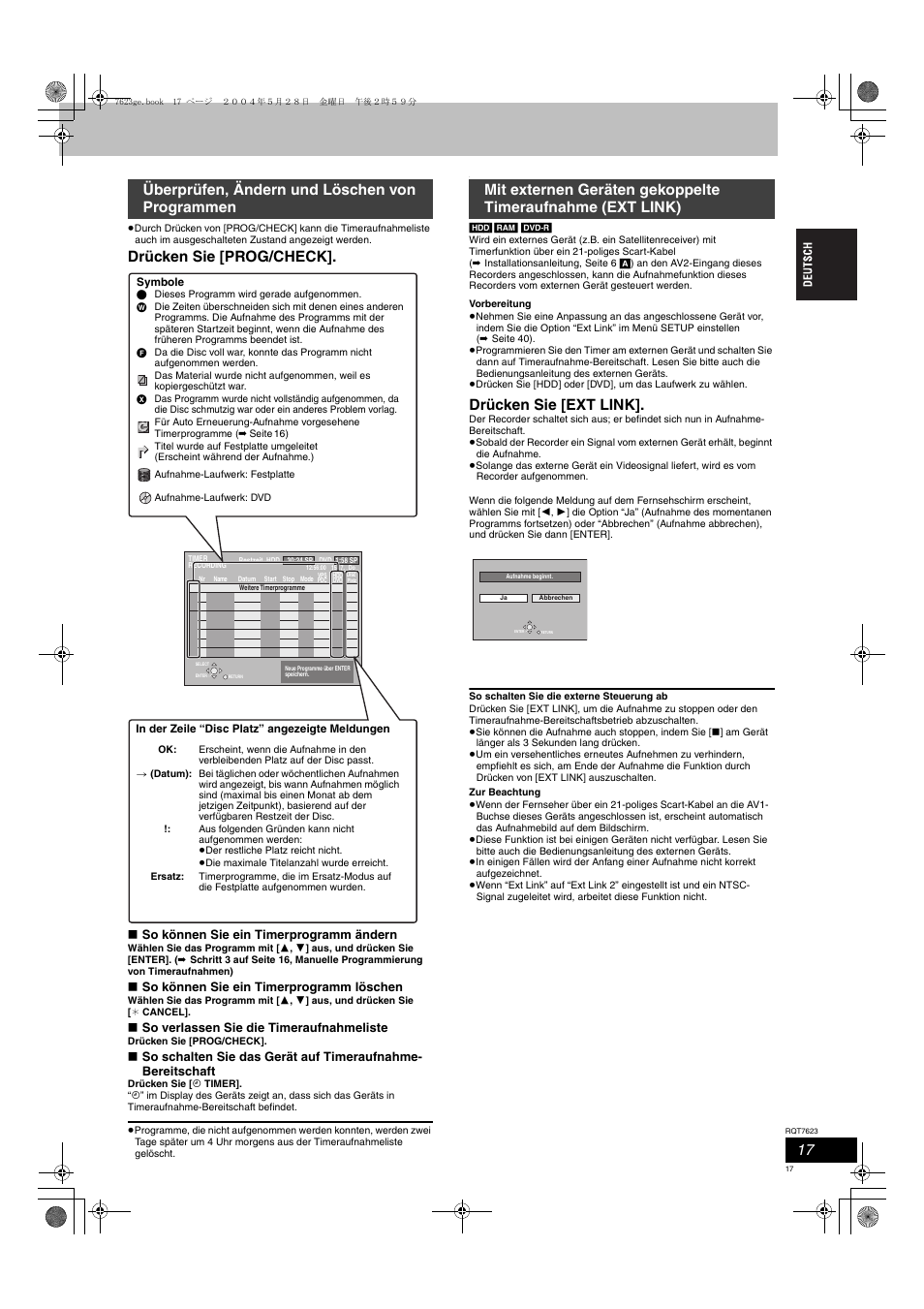 Drücken sie [prog/check, Drücken sie [ext link, Überprüfen, ändern und löschen von programmen | So können sie ein timerprogramm ändern, So können sie ein timerprogramm löschen, So verlassen sie die timeraufnahmeliste | Panasonic SCHT1500 User Manual | Page 17 / 164