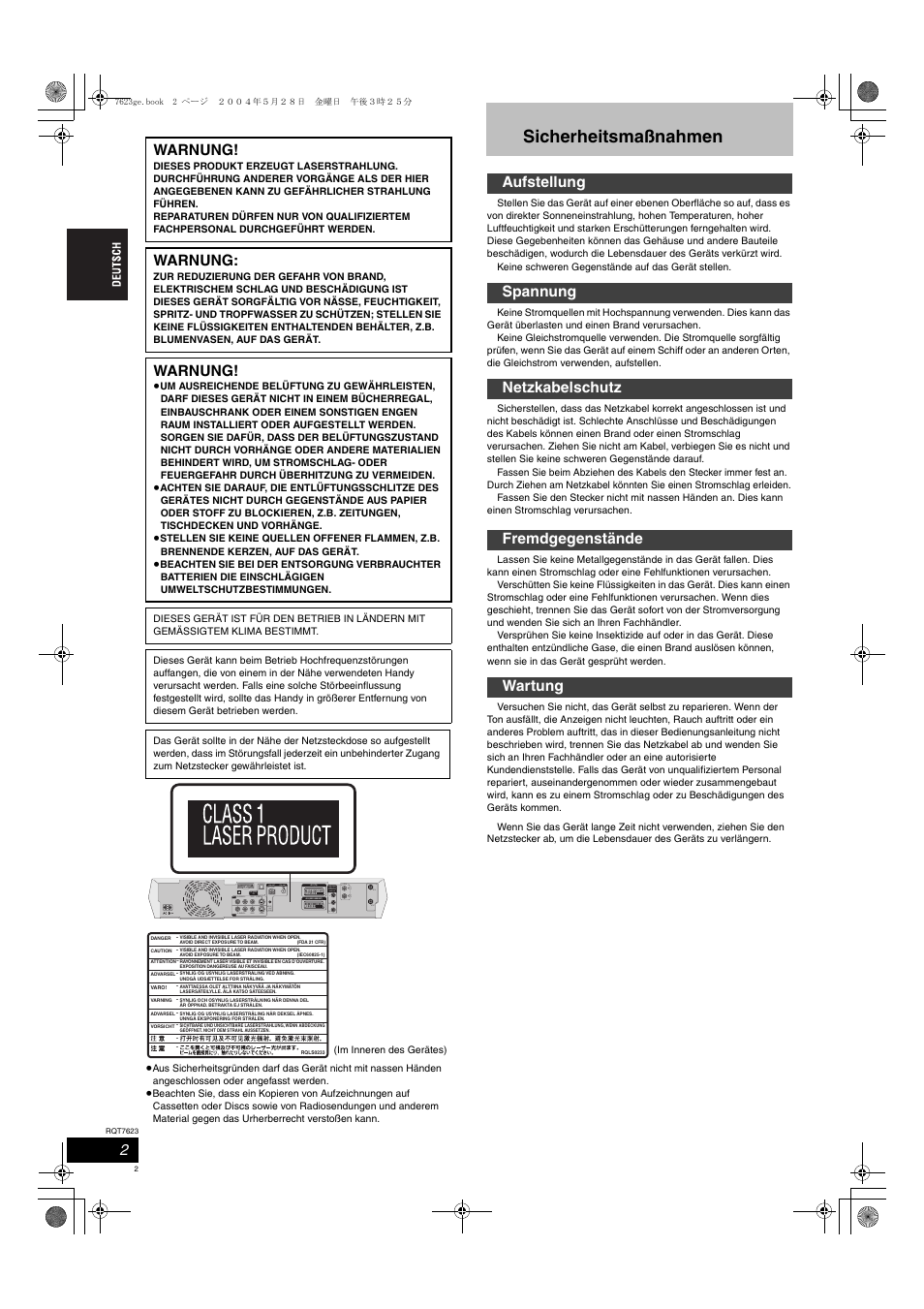 Sicherheitsmaßnahmen, Warnung, R-audio-l | R-audio-l av4 in loop ant gnd loop ext | Panasonic SCHT1500 User Manual | Page 2 / 164