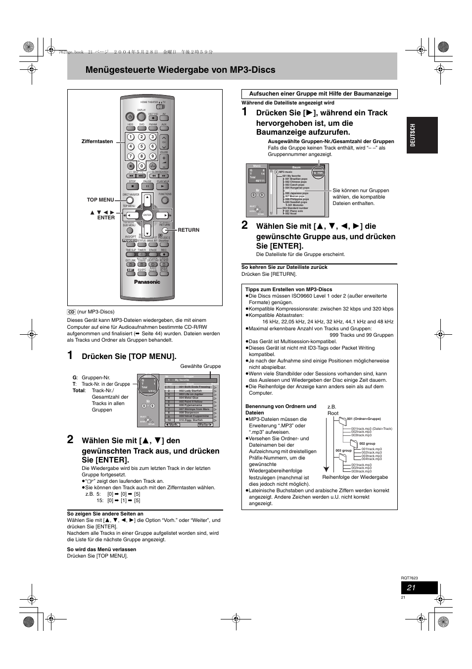 Menügesteuerte wiedergabe von mp3-discs, Drücken sie [top menu | Panasonic SCHT1500 User Manual | Page 21 / 164