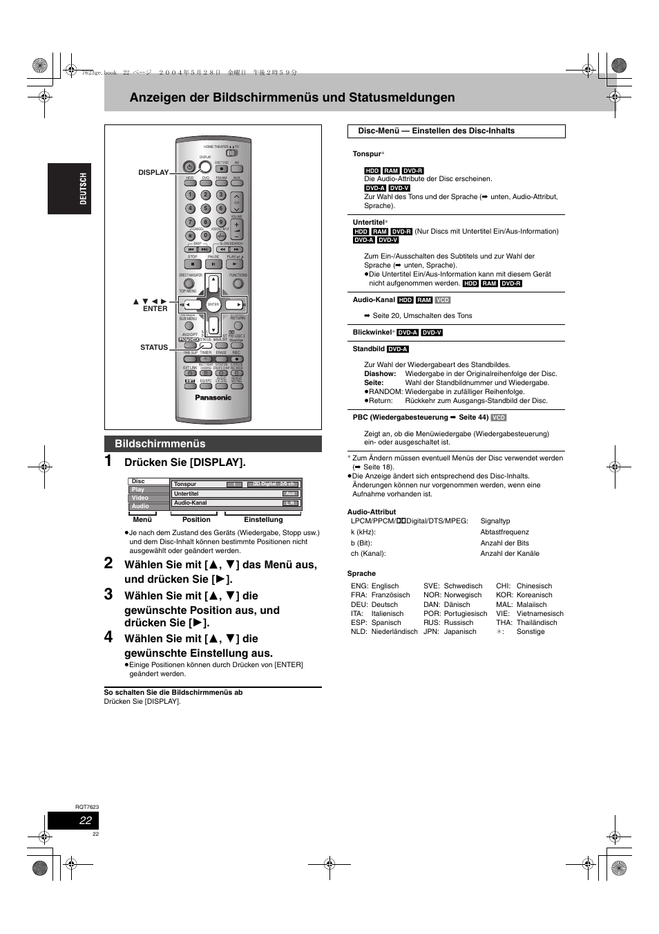 Anzeigen der bildschirmmenüs und statusmeldungen, Drücken sie [display, Bildschirmmenüs | Panasonic SCHT1500 User Manual | Page 22 / 164