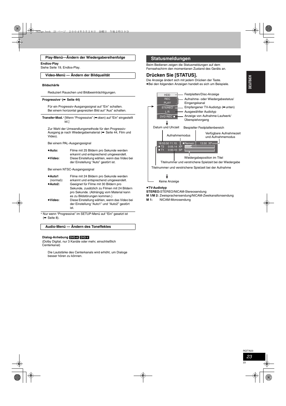 Drücken sie [status, Statusmeldungen | Panasonic SCHT1500 User Manual | Page 23 / 164