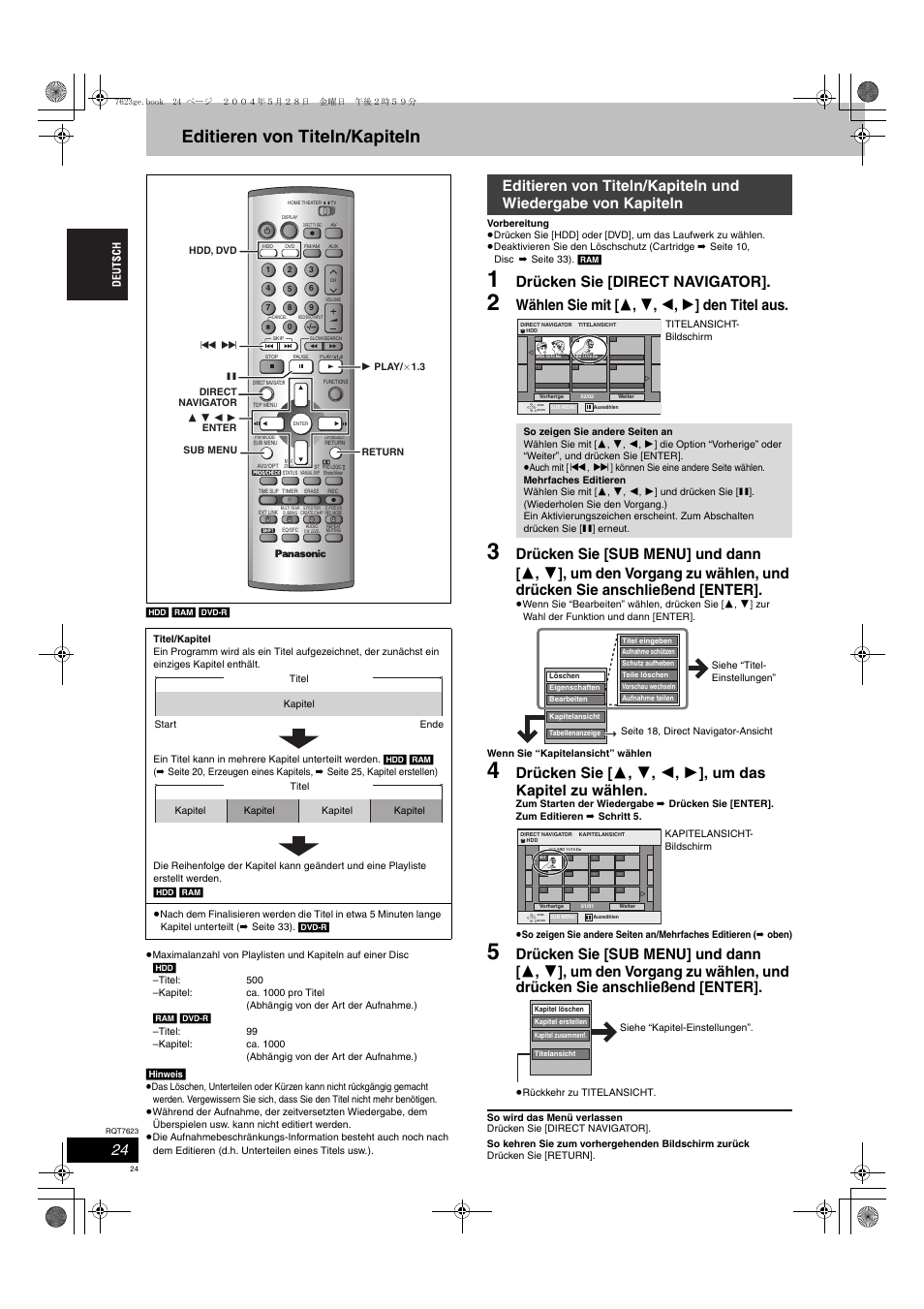 Editieren von titeln/kapiteln, Drücken sie [direct navigator, Wählen sie mit [ 3 , 4 , 2 , 1 ] den titel aus | Panasonic SCHT1500 User Manual | Page 24 / 164