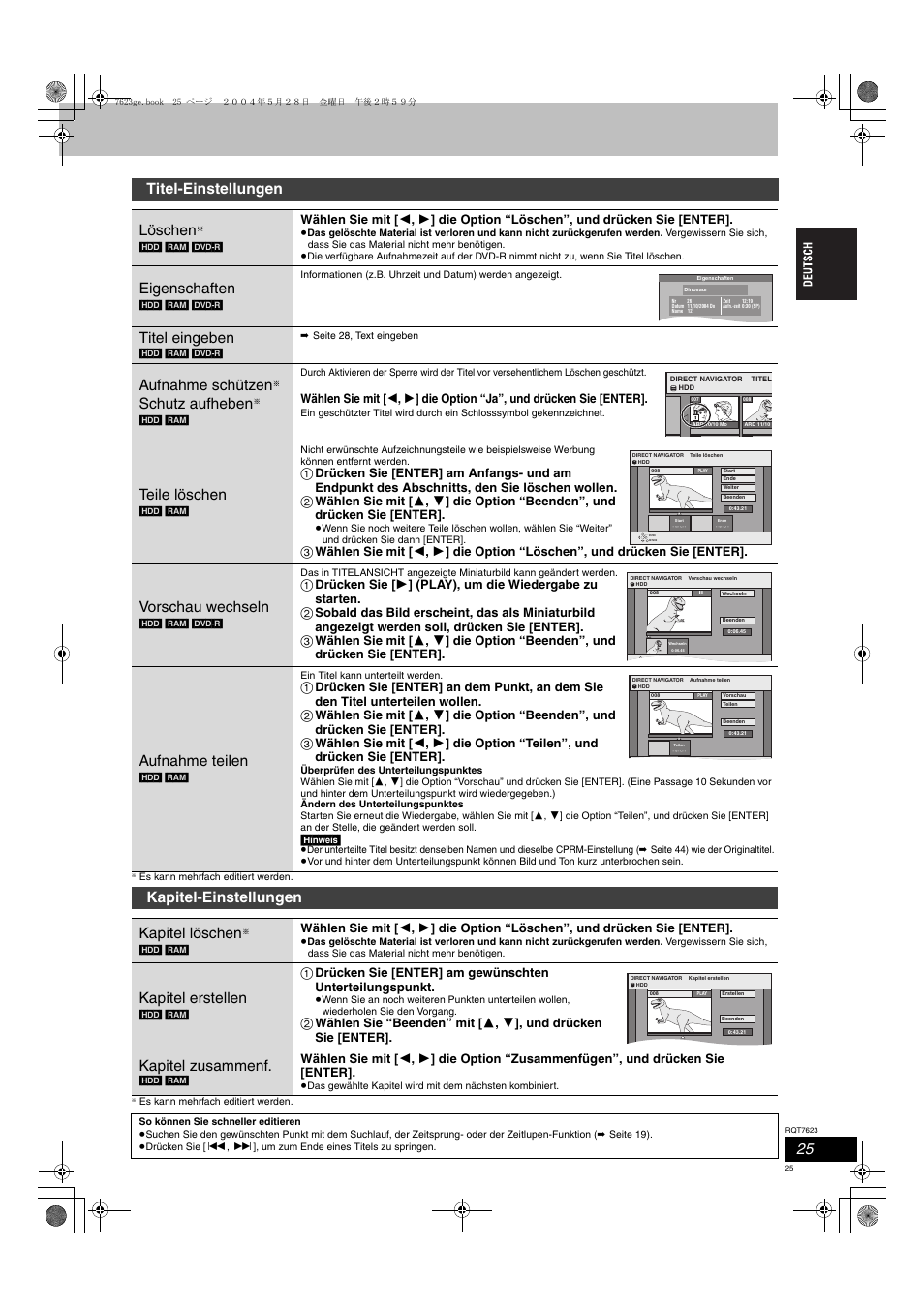 Titel-einstellungen löschen, Eigenschaften, Titel eingeben | Aufnahme schützen, Schutz aufheben, Teile löschen, Vorschau wechseln, Aufnahme teilen, Kapitel-einstellungen kapitel löschen, Kapitel erstellen | Panasonic SCHT1500 User Manual | Page 25 / 164