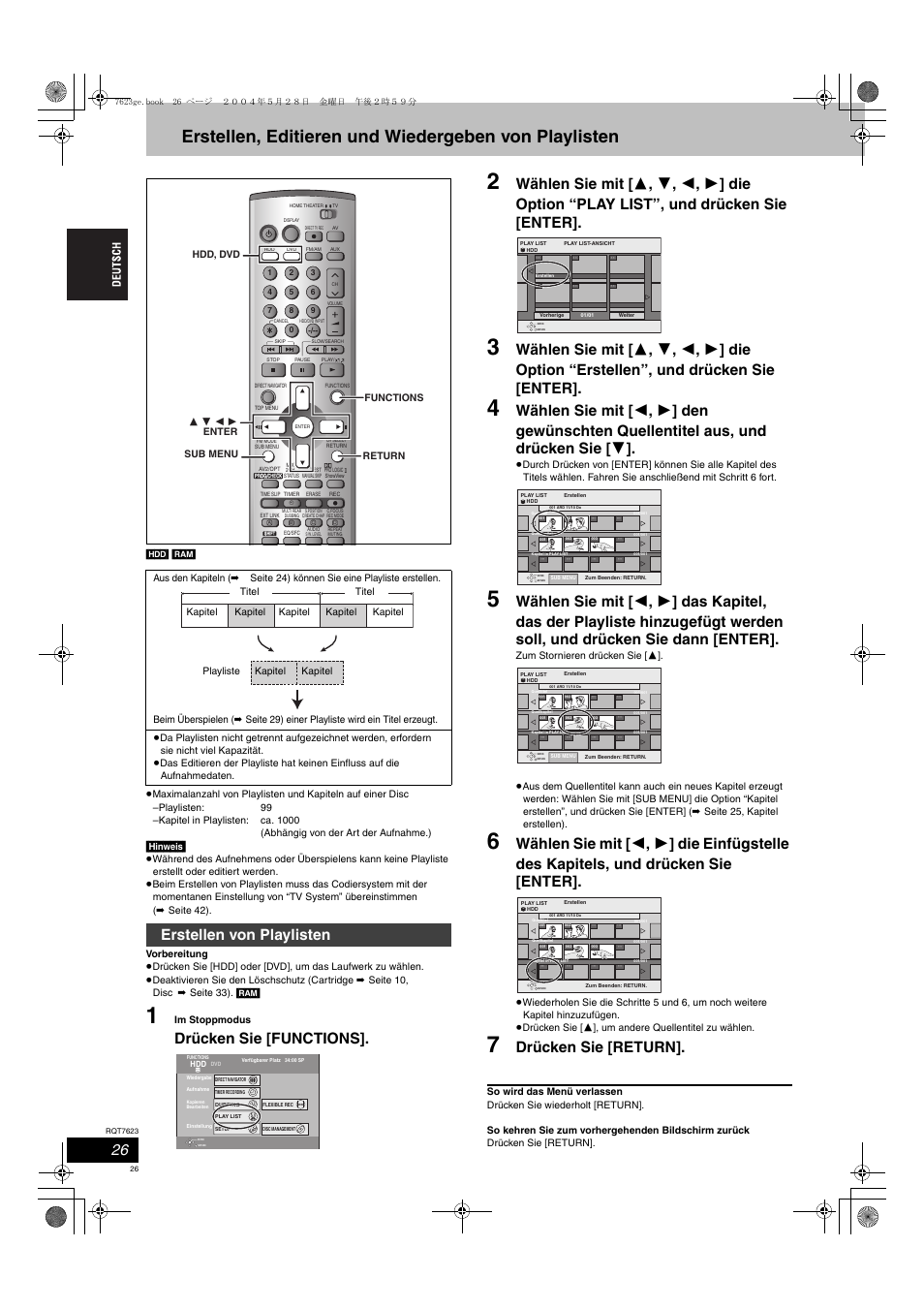 Drücken sie [functions, Drücken sie [return, Erstellen von playlisten | Panasonic SCHT1500 User Manual | Page 26 / 164