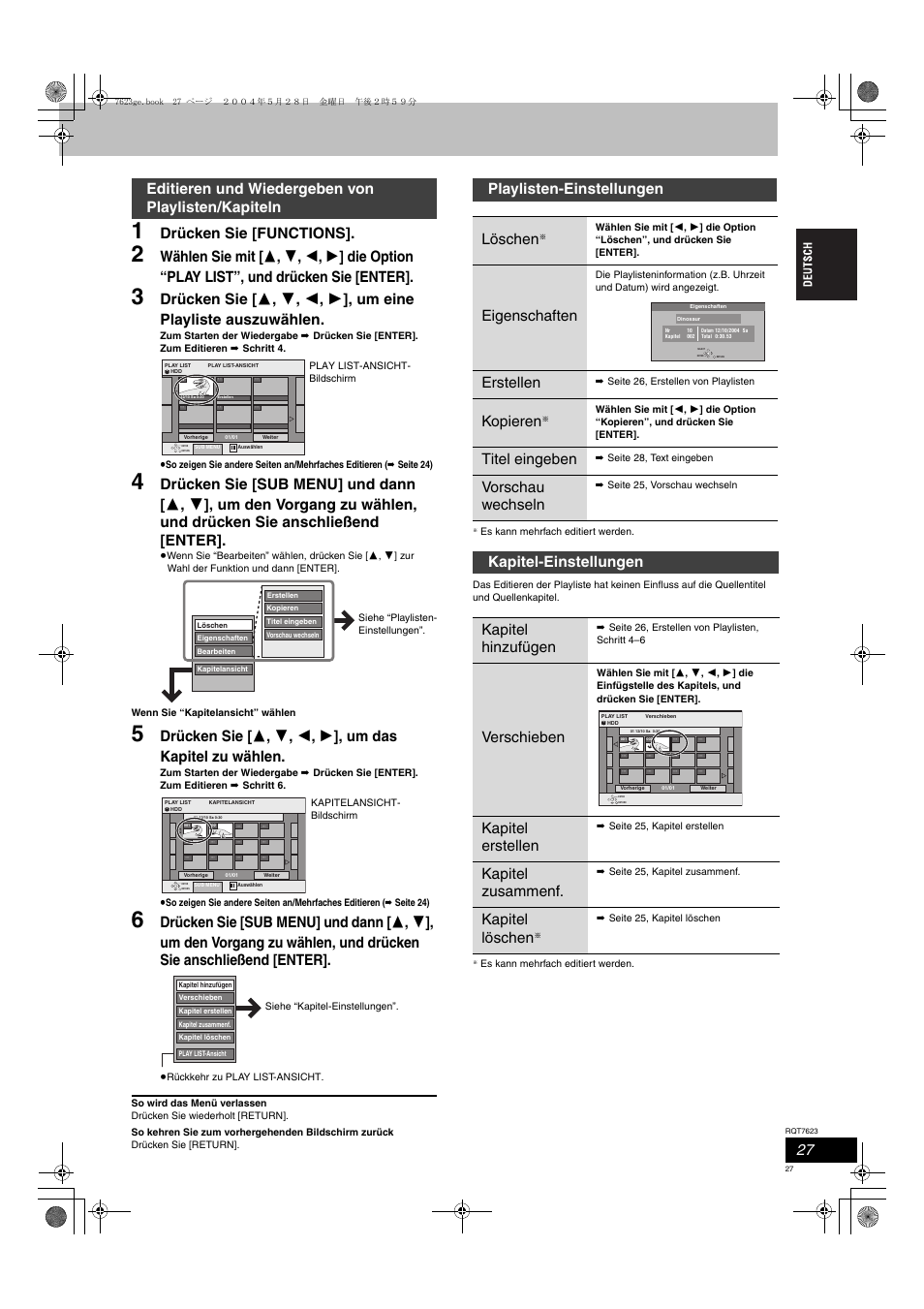 Drücken sie [functions, Editieren und wiedergeben von playlisten/kapiteln, Playlisten-einstellungen löschen | Eigenschaften, Erstellen, Kopieren, Titel eingeben, Vorschau wechseln, Kapitel-einstellungen kapitel hinzufügen, Verschieben | Panasonic SCHT1500 User Manual | Page 27 / 164